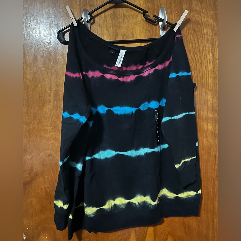 NWOT, Torrid, size 0 (L) off shoulder black & multi-color neon stripe sweatshirt